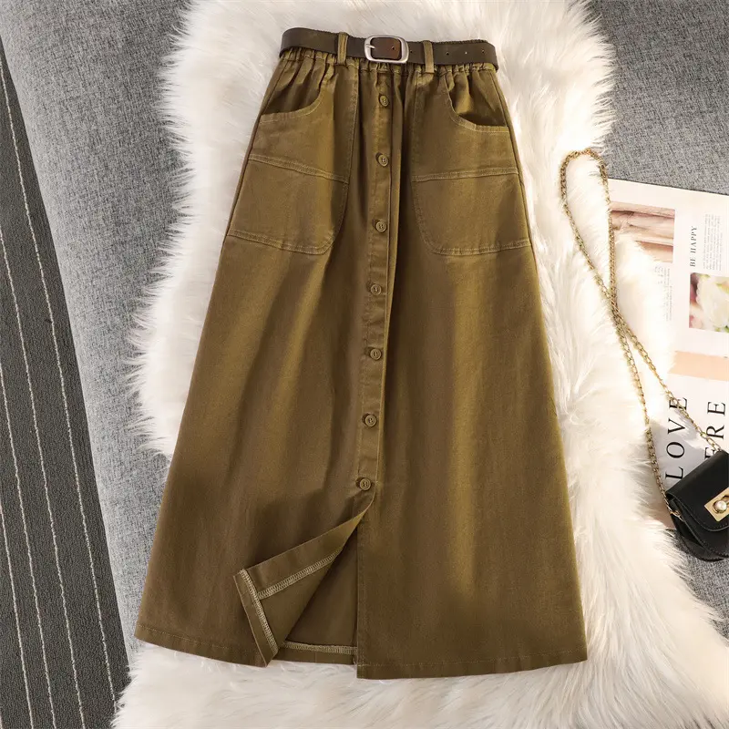 2024473 Casual Vintage Cargo Skirt Sexy Button Decor Elastic Waist A-line Midi Skirts
