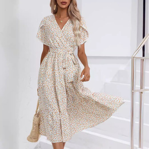 Nuevo Vestido Largo Casual de Verano para Mujer 2026 con Estampado Floral, Abertura Lateral, Cuello en V y Cintura Natural, Ecológico - Product Image 1