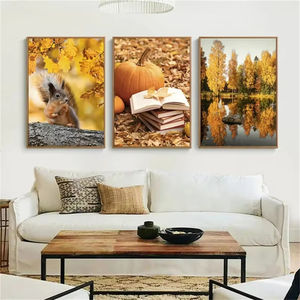 Otoño bosque calabaza Hojas de arce paisaje pared arte lienzo ardilla póster impresión pared carteles decoración pintura - Product Image 2
