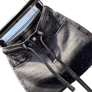 Viviblook Z0123SK Nouvelle jupe courte trapèze taille haute pour femme, grande taille, style rétro, en jean dégradé avec strass - Product Image 5