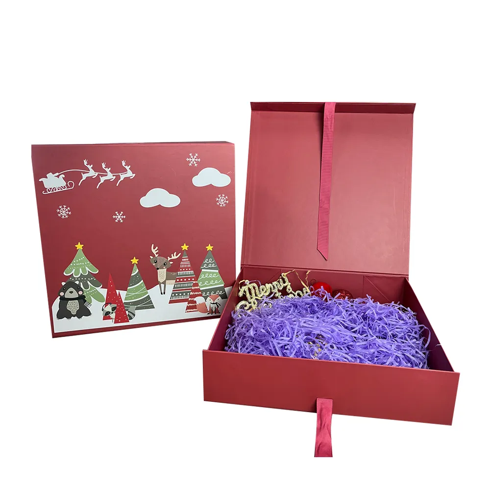 Boîtes d'emballage magnétiques rouges en carton de luxe pour noël, boîte cadeau cosmétique avec couvercle magnétique