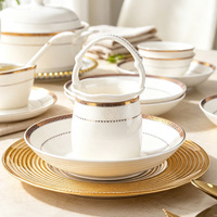 Service de table en porcelaine fine HY Luxury Gold Rim, assiettes et bols en céramique, 60 pièces, motif floral classique, passe au lave-vaisselle, adapté aux aliments