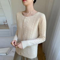 Cardigan en cachemire pour femme à col rond, tricot torsadé, boutons métalliques, coupe décontractée et ample, pull-over tricoté