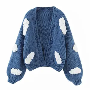 TENGYU TENGYU Autumn And Winter New Women's Wear Hand Knitted Solid Blue Sky And White Cloud Three Dimensional Sweater Cardigan