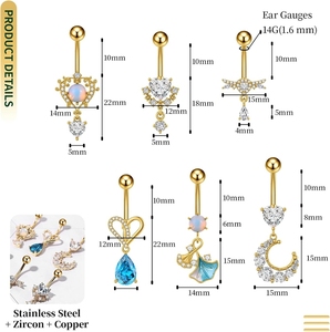Set di 6 <span class=keywords><strong>Piercing</strong></span> per <span class=keywords><strong>Ombelico</strong></span> in Acciaio Inox 14G Placcato Oro/<span class=keywords><strong>Argento</strong></span> con Ciondoli a Forma di Cuore, Luna, Stella e Cristalli di Zirconia - Product Image 2