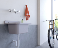 Excellent rapport qualité-prix, évier mural en plastique gris PP certifié CE, pour intérieur/extérieur, cuisine, applications variées, égouttoir auto-nettoyant