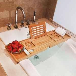 Bamboo Bathtub Shelf Telescopic Non Slip Bath Rack Rectangle Multi Functional <b>Tablet</b> Phone <b>Holder</b> Freestanding - Product Image 3