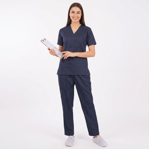 Ensemble de blouses médicales bleu marine pour femmes, coton et polyester tissé, pantalon et haut à col en V - Product Image 1