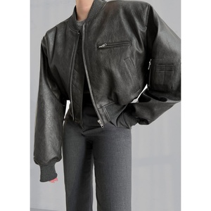 Veste bomber courte zippée en similicuir noir vintage, veste de rue, vêtement d'extérieur personnalisé OEM - Product Image 1