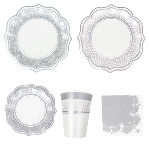 Décorations <span class=keywords><strong>de</strong></span> bureau classiques populaires à thème argenté <span class=keywords><strong>Ensemble</strong></span> <span class=keywords><strong>de</strong></span> <span class=keywords><strong>vaisselle</strong></span> jetable pour <span class=keywords><strong>8</strong></span> <span class=keywords><strong>personnes</strong></span> Estampage d'assiettes en papier en forme <span class=keywords><strong>de</strong></span> fleur - Product Image 1