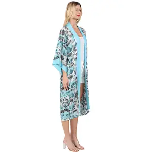 Custom Designs Print Long Kimono Cardigan Robe Cover Up Beach Wear Robe Dress For Ladies