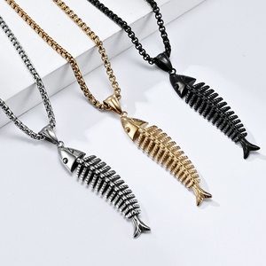 ขายส่งเครื่องประดับสไตล์ฮิปฮอปสแตนเลสสตีลแบบปรับแต่งได้ สร้อยคอรูปกระดูกปลาสีเงินธรรมชาติ สีเงิน/ดำ/ทองเป็นตัวเลือก - Product Image 1