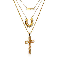 Collier en gros pour femmes avec pendentif croix en strass doré, chaîne en acier inoxydable, bijoux légers de luxe doux et élégants