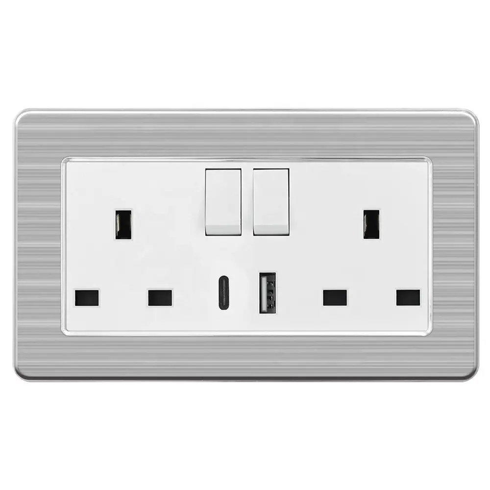 Uk 2 Gang Female Multi Electric Power Plug Socket With Type C Usb Wall Switches