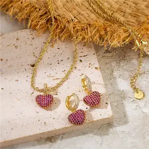 Conjunto de joias luxuosas de cobre em forma de coração, colar de diamantes e cristal, brincos de grife dupla face, conjunto de joias da moda para mulheres, 2 unidades por conjunto