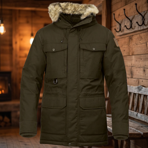 Men's <b>Winter</b> Hooded Puffer Jacket Long <b>Thick</b> Polyester Windproof Casual Fur Trimmed Olive Green <b>Coat</b> with Zipper Closure - Product Image 3