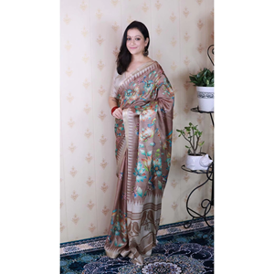 Sari en soie Tussar brun imprimé naturel avec châle tissé en Zari à motifs complexes - Product Image 6