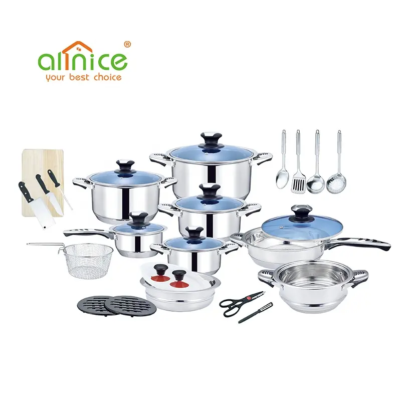 410 Stainless Steel 30pcs Non Stick Cookware Set Pots and Spoons with Wooden Cutting Board