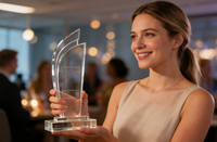 Trophée élégant en acrylique écologique imprimé UV, design double-courbé découpé avec précision, gravable au laser pour récompenses d'entreprise et employés