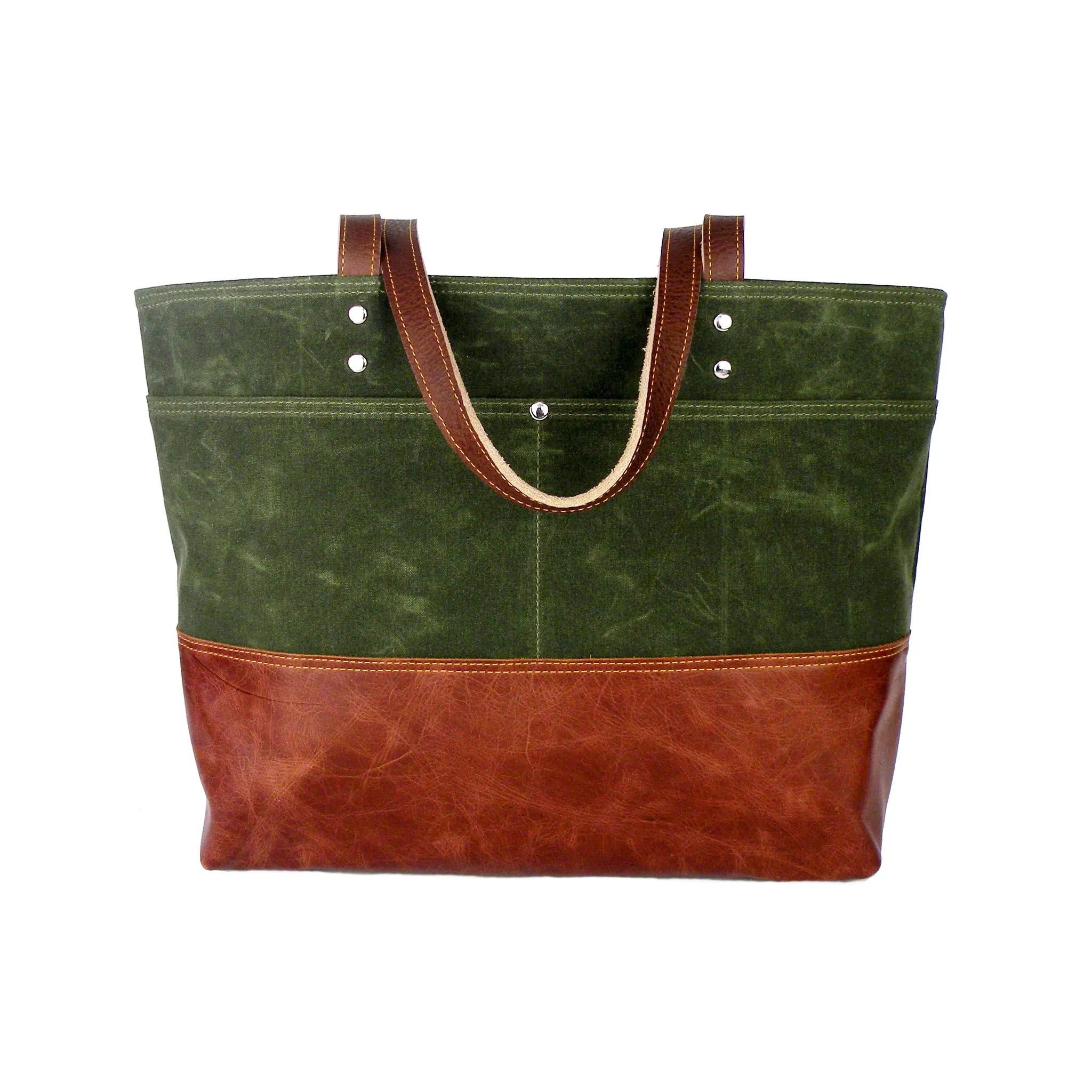 Heavy Duty Garden Tote Waxed Canvas Utility Tote Wax Carryall Tote Market Boat Tote in Green and Brown Leather