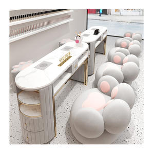 Mesas de uñas de crema nórdica de lujo con luz de Color personalizable, MESA DE MANICURA de cristal moderna, salón de belleza exclusivo HECHO DE Metal de hierro - Product Image 3