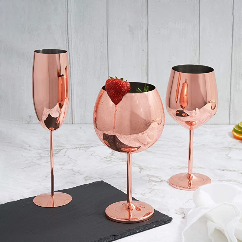 Custom Rose Gold Copper Gold Plated Cocktail Wine Glasses Metal Goblet Champagne Flute Stainless Steel Gin Glass Red Wine Cup