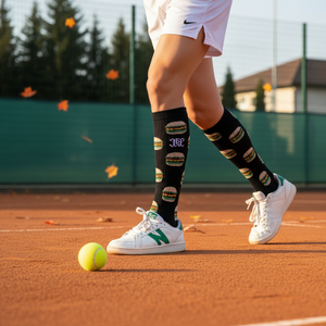<b>Black</b> Hamburger Pattern Tennis <b>Socks</b> with Embroidered Custom Logo Digital Printed Anti-Bacterial Free Size for Autumn Season - Product Image 3
