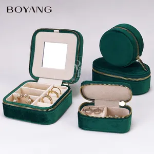 Joyero de viaje con cremallera de terciopelo personalizado organizador de caja de almacenamiento de joyería verde