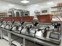 Machine de dépose de bonbons gélifiés bicolores, équipement de fabrication de bonbons en une seule opération, production créative de confiseries 2-en-1 chocolat et gélifiés