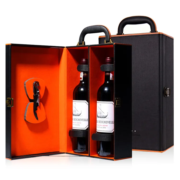 Luxus Wein Trage tasche Doppel Rotwein Box Geschenk box Pu Leder Weinflasche Box Ledertasche