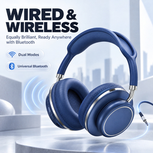 Casque sans fil bleu circum-auriculaire avec coussinets en cuir et contrôle du volume par bouton - Product Image 3