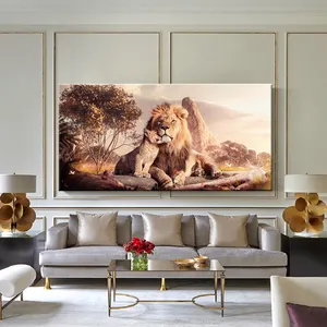 Preto e branco casal leão cartaz animais selvagens fotos cuadros home decor animal africano lona parede arte pintura
