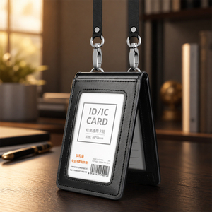 Premium PU Leather ID Card Holder Dual Metal Clip Neck Strap Transparent Window Foldable <strong>Badge</strong> <strong>Wallet</strong> for Business Corporate - Product Image 1