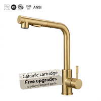 Robinet de cuisine flexible en acier inoxydable SUS 304 doré brossé avec jet cascade et pulvérisation laminar, mitigeur eau chaude et froide