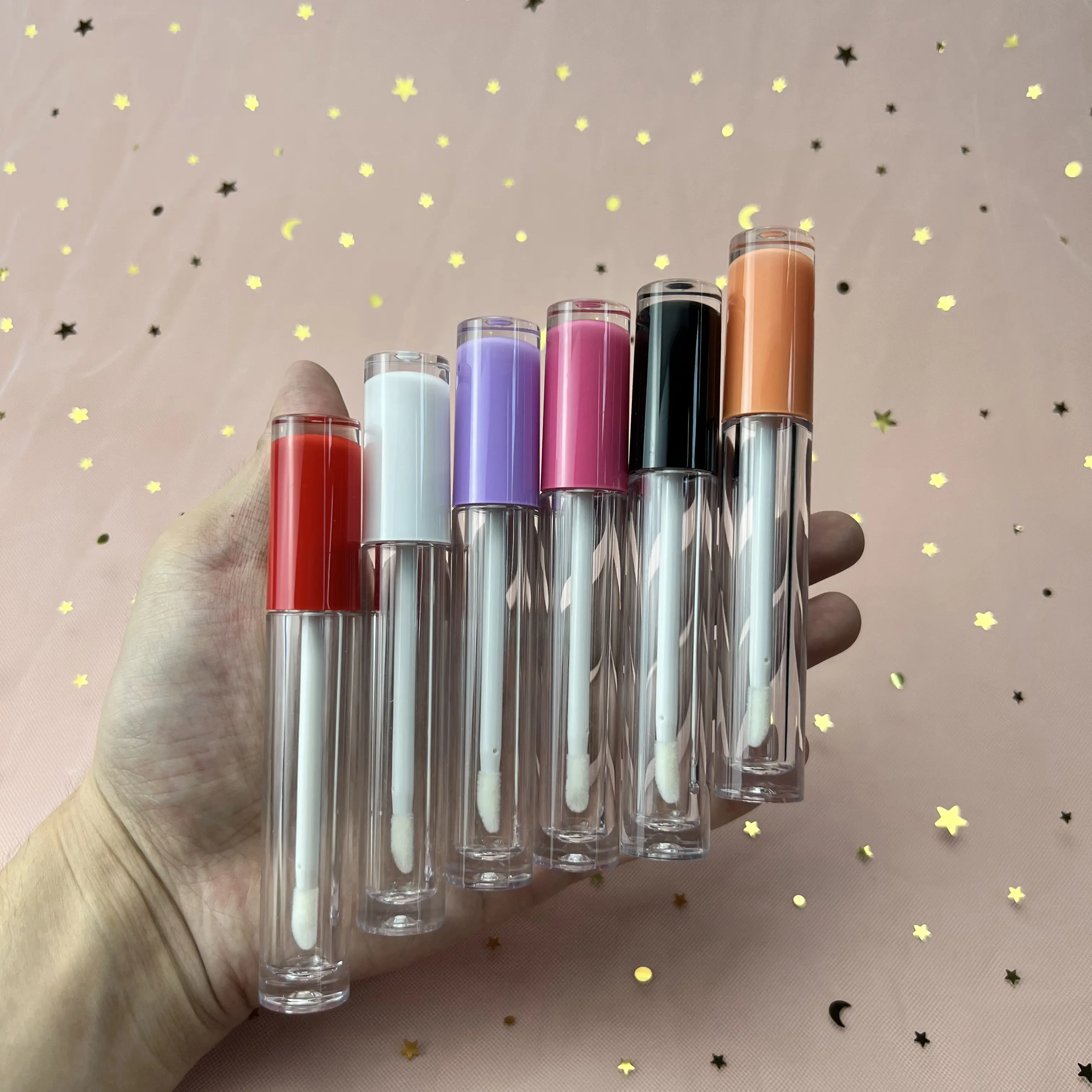 Custom logo rainbow colors empty lip gloss bottles in stock 5ml empty lip gloss tubes with wands