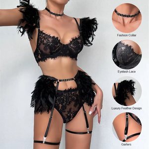 Grosir Lingerie renda bulu mata mewah wanita Set Lingerie berongga Lingerie sejuk 3 potong dengan Garter - Product Image 2