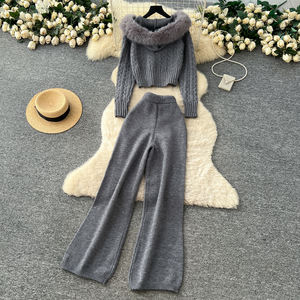 女式两件套运动服毛边裁剪连帽针织上衣和宽腿毛衣裤子套装两件套女士 - Product Image 4