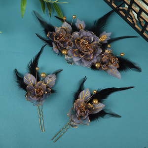 Nouvelle conception originale, faite à la main, avec bordure dorée, accessoire pour cheveux à motif floral gris foncé, accessoire de maquillage et de coiffure, coiffe Hanfu. - Product Image 2