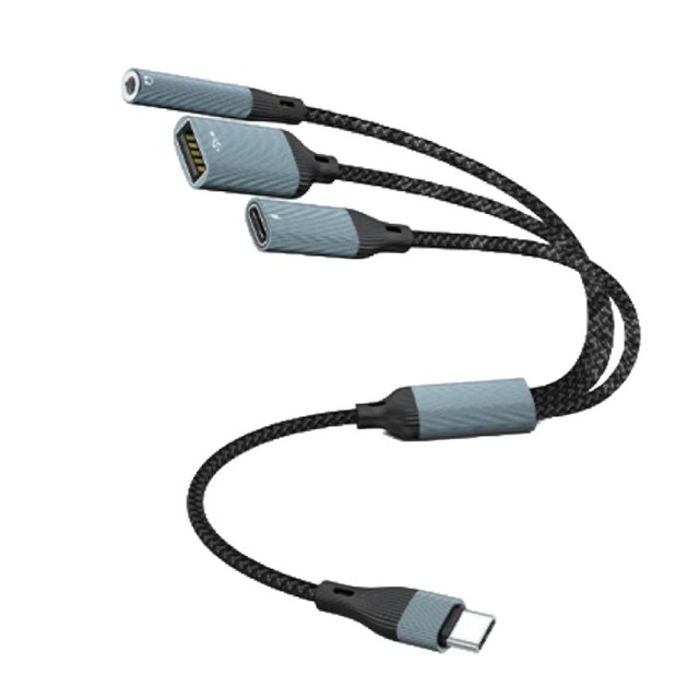 60W PD USB-C to Dual USB-C 3.5mm Audio Adapter Fast Charging Data Sync Hi-Fi DAC Nylon Braided Metal Shell