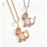 Collier Pendentif Charmander Iced Out Hip Hop Personnage de Dessin Animé Entièrement Sertie de Zircons en Cuivre Massif avec Chaîne Corde pour Hommes Vente en Gros