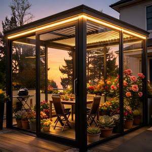 <span class=keywords><strong>Pérgola</strong></span> Motorizada con Persianas y Tira de Luces LED, Estructura de Aluminio Negro, Solárium de Vidrio para Patio Trasero, Espacio de Comedor al Aire Libre - Product Image 1