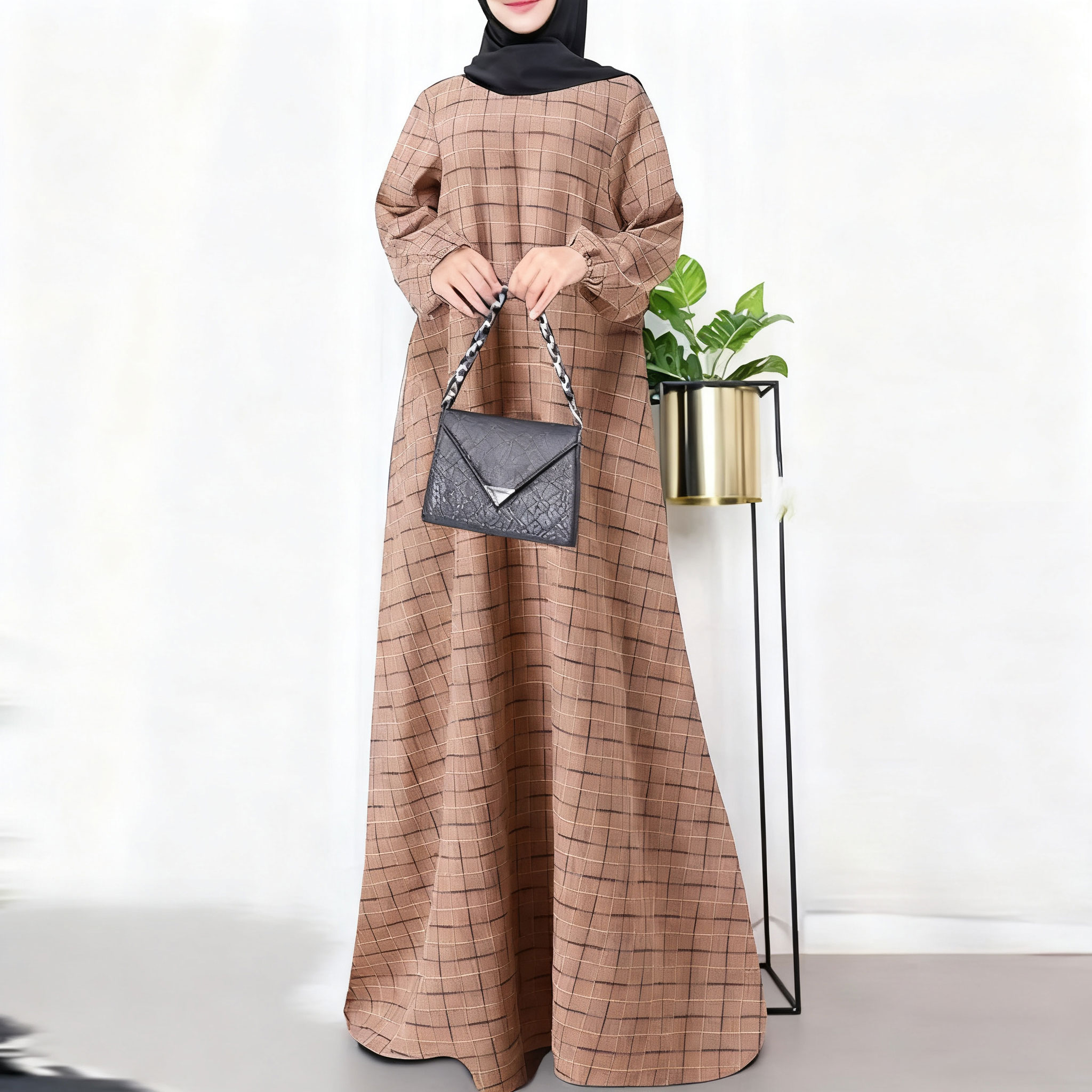 Casual Indonesia Muslim Dress Maxi Long Sleeve Vintage Print