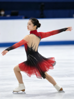 Robe de patinage artistique à col haut et manches longues, dégradé noir et rouge, dos ouvert en maille, ornée de strass, pour compétition et spectacle