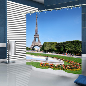 Cortina de Ducha de Poliéster con Estampado 3D de Hojas de Otoño de la Torre Eiffel, con Anillas, Diseño Clásico de Estilo Europeo para Baño - Product Image 4