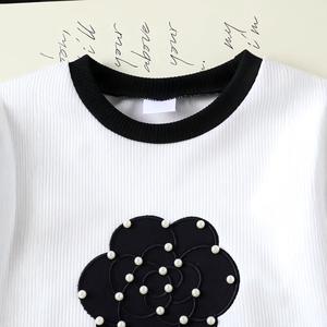 Set OEM ODM per Bambine con <span class=keywords><strong>Felpa</strong></span> <span class=keywords><strong>Bianca</strong></span> a Maniche Lunghe e Gonna Nera, Abbigliamento Casual Floreale Elegante per Bambini - Product Image 4