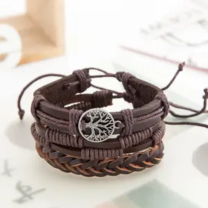 Novo 3 Camadas Black Gold Punk Life Tree Bracelet Conjunto de pulseiras de couro de liga de alta qualidade