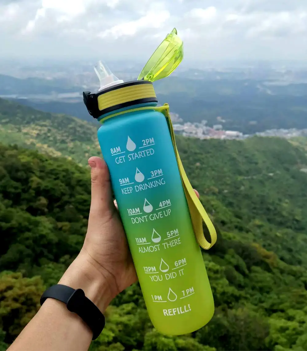 Botol Air Olahraga 1L/1000Ml Yang Dapat Digunakan Kembali dengan Penanda WAKTU & Sedotan Plastik 32Oz Botol Air Motivasi Anti Bocor