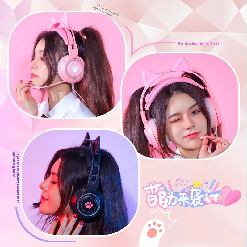 Kablo ile kulaklıklar, sevimli kedi kulaklar kişiselleştirilmiş yaratıcı bilgisayar kulaklıklar müzik kulaklıklar, esports oyunları canlı kulaklıklar kulaklık