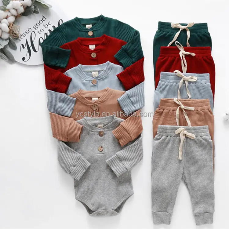 Aangepaste Baby En Kids Wafel Katoenen Lange Mouw Top En Lange Broek Outfit Set