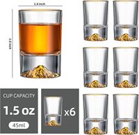 Verre à shot artisanal de luxe en cristal de 1,5 oz, base montagne aux sommets dorés, bordure dorée transparente, soufflé à la bouche, pour whisky, spiritueux et liqueurs